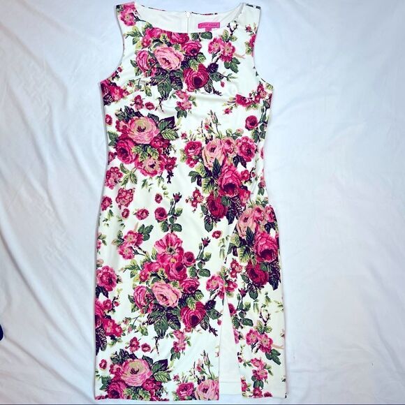 Betsey Johnson Bodycon Slit Hem Rose Print Sleeveless White Dress 12 - Picture 1 of 10